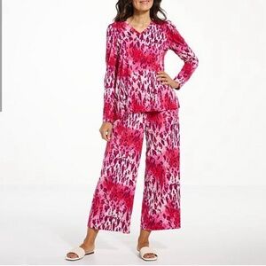 G by Giuliana Knit Puff-Sleeve Cropped Lounge Set Pink Leopard Size XS